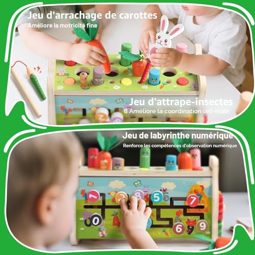 Fajiabao Montessori 1 Year Old Baby Toy - 7 in 1 Wooden Educational Toy Child Toy 1 Year Old Game Hammer and Xylophone Baby, Picking Turnips, Gift Child 1 2 3 Years Boy Girl Birthday Gift