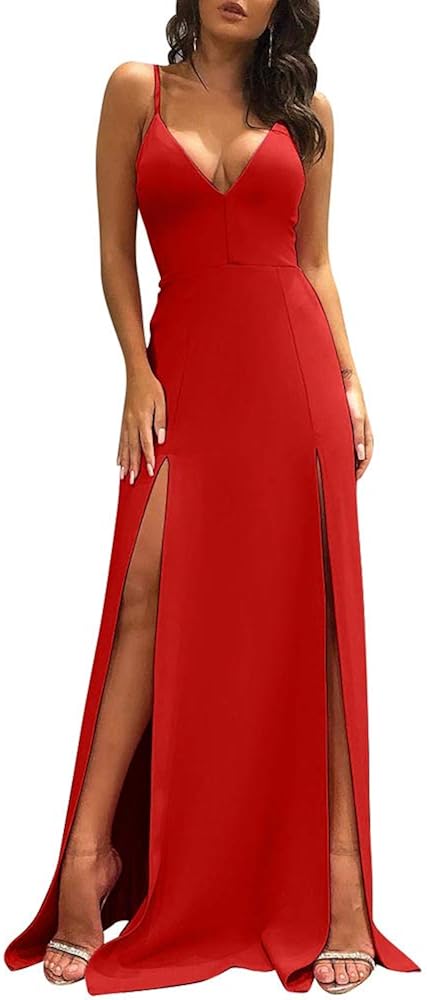 TOB Women's Sexy Sleeveless Spaghetti Strap Backless Split Cocktail Long Dress: Clothing