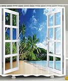 Ambesonne Ocean Shower Curtain Decor by, Palm Trees Tropical Island Beach Nature Paradise Panoramic Picture Through Wooden Windows Scene, Polyester Fabric Shower Curtain, Blue Green Aqua White Beige