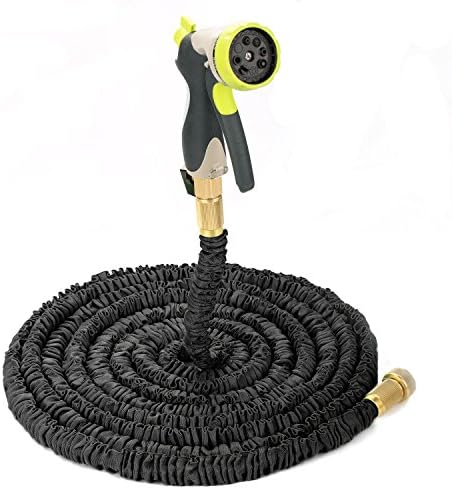 Evigreen 100FT Black Expandable Garden Hose Durable Latex Hose Pipe Strongest Fabric Cover Brass Connector with 8 Pattern Spray Nozzle