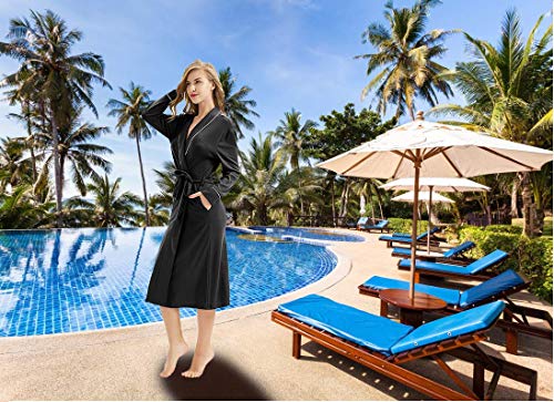 Cotton Robe Soft Kimono Spa Knit Bathrobe Lightweight Long Sleepwear Nightwear - House Coat for Her - Black, M