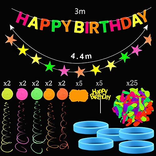 Neon Birthday Party Supplies 52 Pieces Glow Neon Party Decorations for Adults Kids,12 Inch Blacklight Party Balloons and Neon Paper Garland Banner,Cake Toppers,Table Cards,Silicone Wristbands