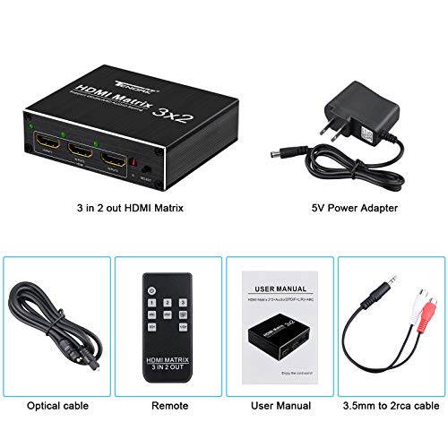 HDMI Matrix Switch 3X2 - Tendak 4K x 2K 3 in 2 Out HDMI Switch Splitter with Optical & L/R HDMI Audio Extractor Support ARC with IR Remote Control & Power Adapter - Thumbnail 6