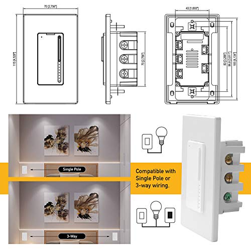 IBRIGHT Smart Dimmer Light Switch (1 or 3Way), 2.4Ghz WiFi, 120 VAC