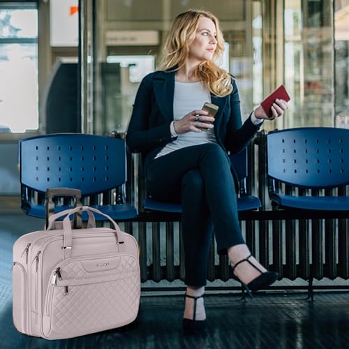 EMPSIGN Laptop Rolling Bag for Women with Wheels 15.6 Inch on Wheels, Overnight Water Repellent Rolling Computer Bag with RFID Pockets, Pink