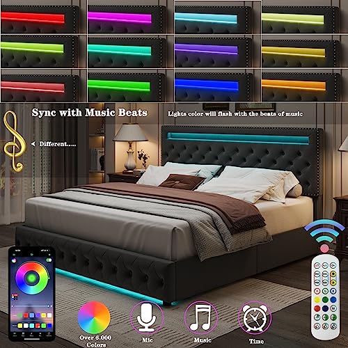 Queen Size LED Bed Frame with Adjustable Upholstered Headboard, LED Light Headboard Footboard, 4 Underbed Drawers, Wooden Slats Support, Metal Platform Bed Frame, No Box Spring Needed, Velvet Grey