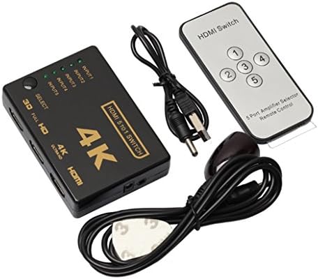 HDMI Splitter, 5-Port Intelligent HDMI Switch with IR Remote 5 IN to 1 OUT Automatic Port Switching Support Full HD 4K 1080P 3D Video Player for Nintendo Switch, Xbox One, Apple TV HD TV XBox PS3 PS4