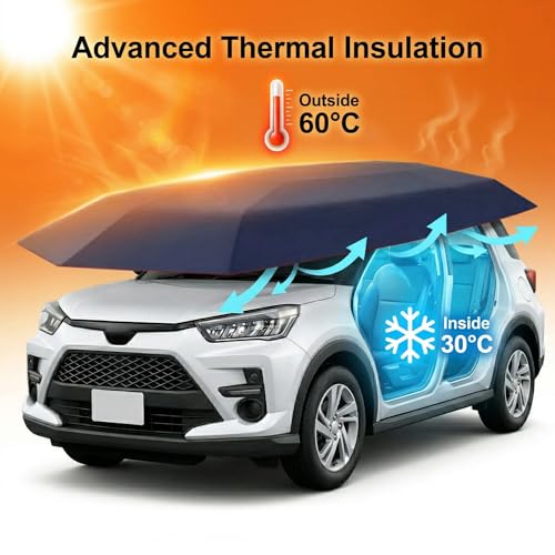 SELFIE CAT Car Awning Tent 4.2x2.2m, Navy Blue, Cover Outdoor Premium Anti-UV Sunshade & Portable Carport with Anti-Theft Rope, 210D Oxford Foldable Exterior Sun Shades For for Sedans & Compact SUVs