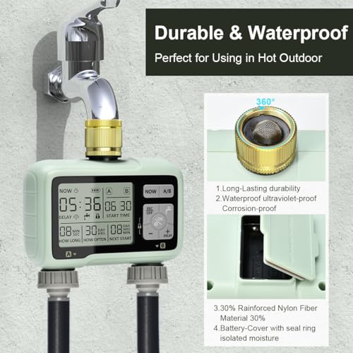 Johgee Sprinkler Timer 2 Zone Brass Inlet, Water Timer for Garden Hose Faucet 2 Outlet, Programmable Water Hose Timers Irrigation System Controller with Child Lock Mode, Auto & Manual Mode, Rain Delay