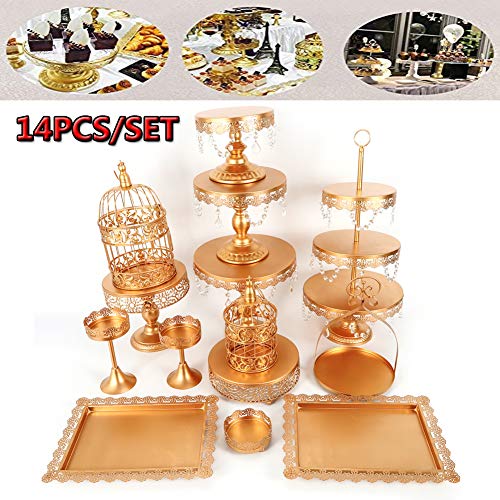 Cupcake Stands, 14 Set Metal Crystal Cake Holder Cupcake Stand Cake Dessert Holder with Pendants and Beads,Wedding Birthday Dessert Cupcake Pedestal Display, Gold USA STOCK (14, Gold)