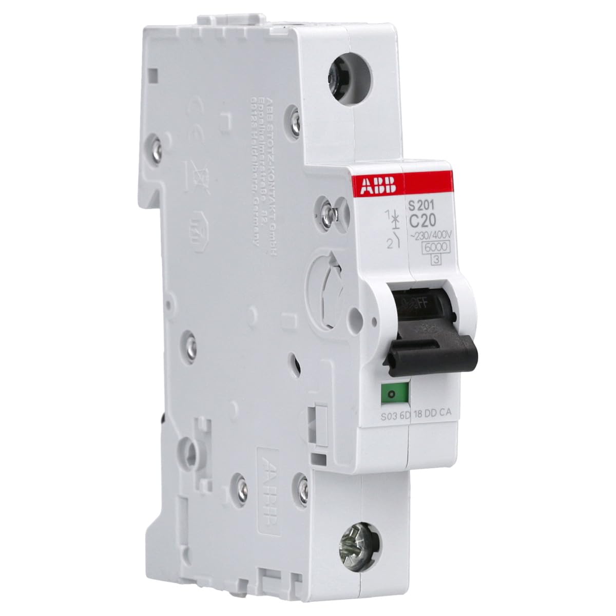 ABB S201-C20 Miniature Circuit Breaker, 1 Pole, Type C, 6/10kA Breaking Capacity, 20 Amp Current (2CDS251001R0204)