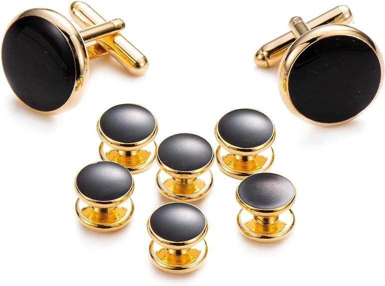 UJOY Cufflinks & Tuxedo Studs Set (1Pair Cufflinks & 3Pair Tuxedo Studs) Mens Jewelry Kit With Gift Box - Black & Golden Elephant Crystal Cufflinks For Men, Father Of The Bride Groom Cufflinks