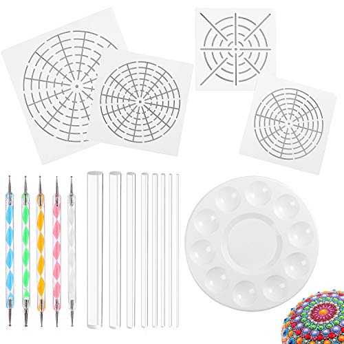 Whaline 18 Pieces Mandala Art Dotting Tools Including 4 Mandala Stencils, 8 x Acrylic Rods, Paint Tray and 5 Double Sided Dotting Tools