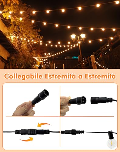 ROVLAK Outdoor Light Chain 15 m, Outdoor Garden Lights with 25 + 3 G40 LED Bulbs in Plastic, IP44 Waterproof, 2700 K Warm White Lights for Garden, Terrace, Balcony, Home Party