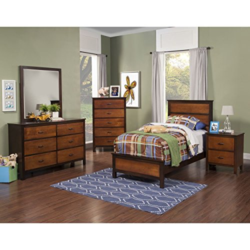 Brunswick Modern Youth 4 Piece Twin Bed, Nightstand, Dresser & Mirror in 2 Tone Copper with Chestnut Trim