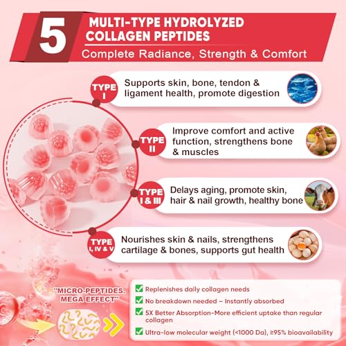 Collagen Peptide Gummies for Women & Men Sugar-Free, Multi Collagen Hydrolyzed w/ 1500mg Protein Type I,II,III,V,X, 5000mcg Biotin, Methylated B12, Vitamin C A E D3 B6 for Skin Hair Nails, Bone, 60Cts