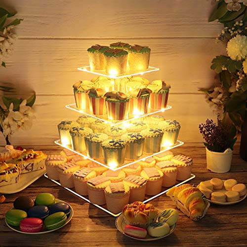 4 Tier Square Acrylic Cupcake Stand, Clear Cake Dessert Display Stand with LED String Lights, Wedding Party Tree Tower Stand