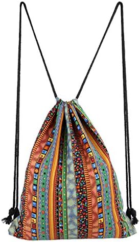 Takity Cotton Canvas Drawstring Backpack, Lightweight Bohemia Hippie Bucket Bag,Both Side Gymsack,Travel Bags