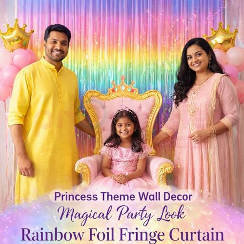 Propsicle Pastel Rainbow Metallic Foil Fringe Curtains 3x6 Ft Each, Pack of 2 - Shimmer Party Backdrop for Birthday, Baby Shower, Princess Unicorn Theme, Anniversary, Photo Booth, Wall Decoration