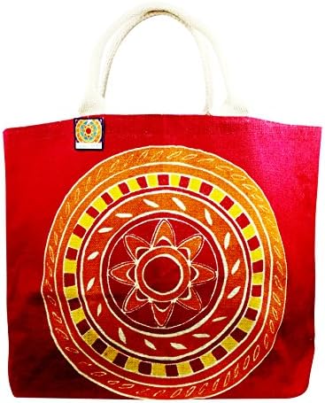 Summer Solstice Large Jute Medallion Tote Bag, Vivid Pink
