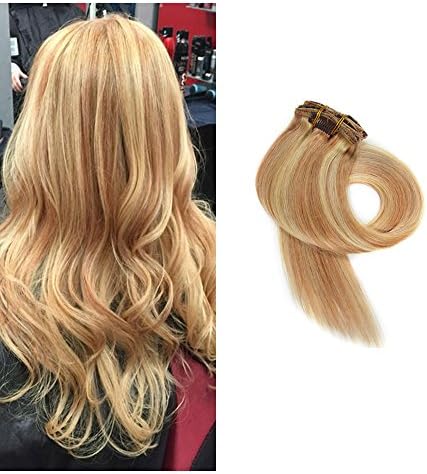 InfiniteS Human Hair Extensions Clip in Silky Straight Remy Weft Hair Ombre Strawberry Blonde Highlights 7 Pieces 70g (22 Inches, #27-613)