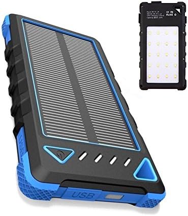 ILeed Portable Solar Power Bank 8000mAh Dual USB Solar Charger with Strong LED Flashlight for Cell Phones Dustproof Shockproof for Outdoor Emergency (Black/Blue)