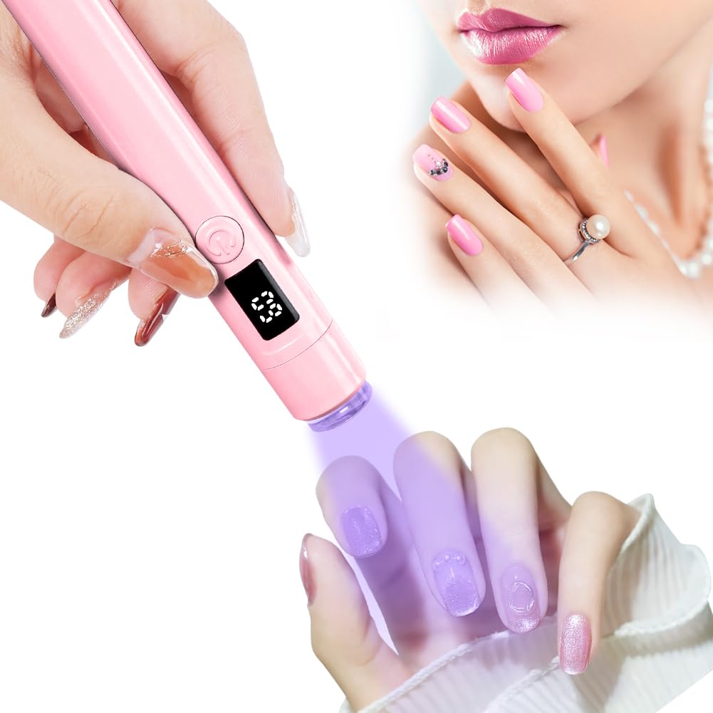 URAQT Handheld UV Nail Lamp, Small UV Lamps for Gel Nails, Rechargeable USB Nail Dryer Light with LED Screen and 45s 60s Timer, Portable Led Nail Flashlight, Gift for Women Nail Art, Pink