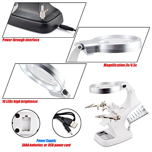 OLLGEN LED Soldering Station,Third Hand Soldering Solder Iron Stand Holder with Alligator Clip,3X Main Lens 4.5X Accessory Lens,10 LED Lighting(White)