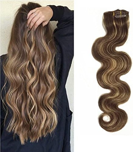 TheFahionWay Body Wave Wavy 70G/Set Human Clip In Hair Extensions Wavy Human Hair Body Wave Clip on Remy Human Hair 7 Pieces 70Gram/2.45oz (18 Inch, 4-27-bw)