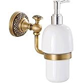 Leyden Antique Brass Soap Dispenser,Wall Mount Hand Soap Pump Bathroom Liquid Holder Lotion Bottles Vintage Dish Ceramics Removable for Kitchen Sink Countertop