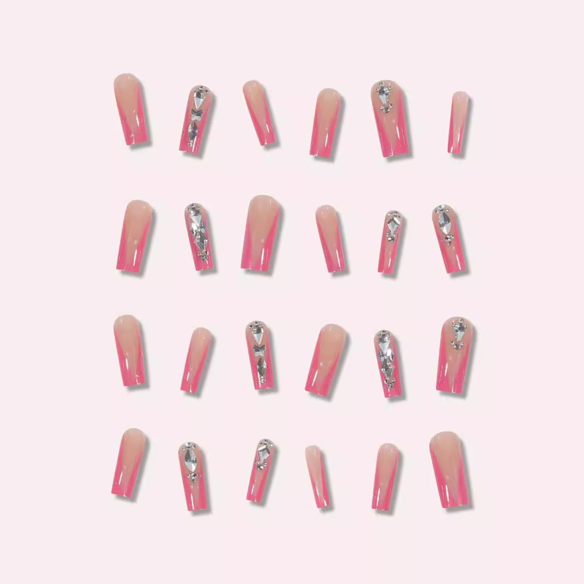 Pink French Press on Nails Long Coffin Fake Nails Full Cover False Nails with Designs Rhinestone Glue on Nails Ballerina Acrylic Stick on Nails Square Bling Luxury Aritificial Nails for Women 24 Pcs - Image 3