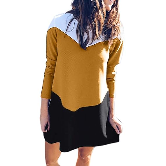 Ohq Femme Robe Contrastante à Manches Longues Et Col Rond