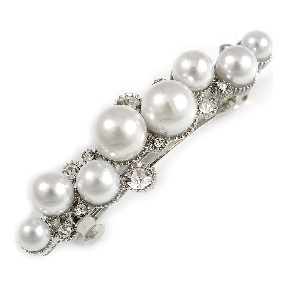 Small Faux White Glass Pearl Bead Clear Crystal Barrette Hair Clip Grip in Silver Tone - 60mm W