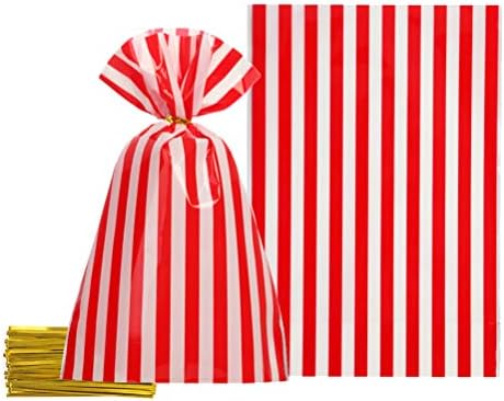 AWELL Red Cellophane Bags 5.5x8 inch with Twist Ties for Treat Candy Cookie Party Favor Bags, Red White Stripes,Pack of 100