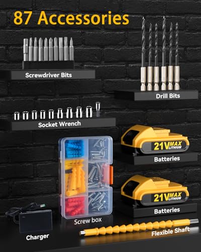 Cordless Hammer Drill Set, 21V Impact Drill Driver and Screwdriver Set with 2 Batteries, 25+3, 10mm Heave Duty DrillChuck, 2 Speed Power Combi Battery Drill Set with 87 Accessories for Home DIY Gift