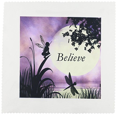 3dRose qs_35696_1 Believe, Fairy with Dragonflies with Moon and Purple Sky-Quilt Square, 10 by 10-Inch
