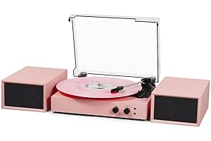 TANLANIN Vinyl Record Player with Bluetooth and External Stereo Speakers, | Vinyl to MP3 Converter | 3-Speed Turntable with USB Recording, AUX Input, RCA Output, Headphone Jack, Auto Stop, Pink