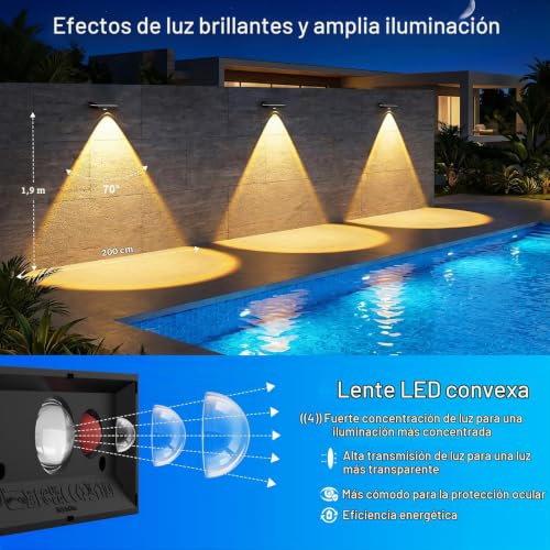 Giliwosy - Solar Garden Lights Outdoor with 3 Color Temperatures, IP65 Waterproof, LED Wall Lights for Fence, Stairs, Decking, Balcony - 4 Pack