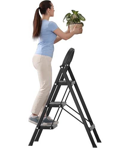 Costway 3 Step Ladder Folding Stool Heavy Duty 330Lbs Capacity Industrial Lightweight Black in the Step Ladders department at