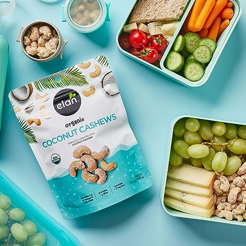 ELAN ORGANIC COCONUT CASHEWS, 5.6 OZ, NON-GMO, GLUTEN-FREE, VEGAN, KOSHER, GLAZED NUTS (ROASTED CASHEWS, COCONUT MILK POWDER, HIMALAYAN PINK SALT), SUPERFOOD INFUSED NUTS