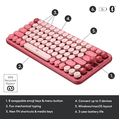 Logitech POP Mechanical Wireless Keyboard with Customizable Emoji Keys, Durable Compact Design, Bluetooth or USB Connectivity, Multi-Device, OS Compatible - Heartbreaker Rose