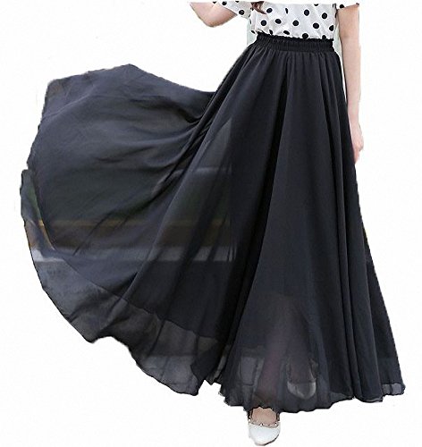 Afibi Womens Chiffon Retro Long Maxi Skirt Vintage Dress (Large, Black)