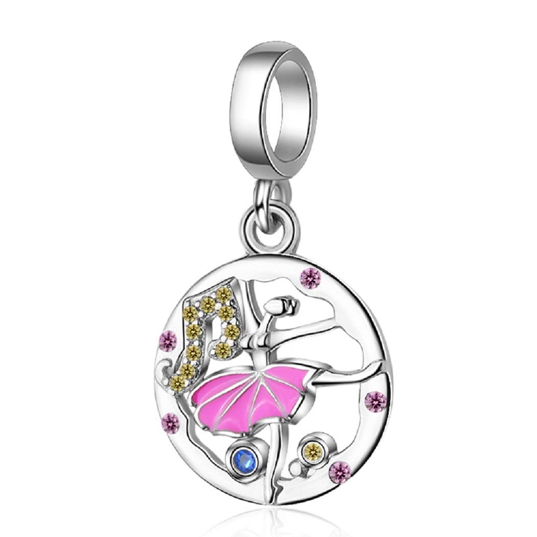FeatherWish Ballet Dancer Dance Charm 925 Sterling Silver Pendant Dangle Bead Charm Compatible With Pandora Bracelet Or Necklace (Pink And Blue Cubic Zirconia)