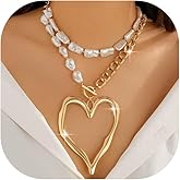 Chunky Necklace for Women,Y2K Layered Large Heart Pendant Necklaces Exaggerated Pearl Love Heart Choker Set Statement Trendy Jewelry