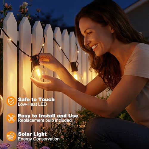 Outdoor Solar String Lights, 12M/39.4Ft Solar String Lights with 14+1 G40 Bulbs and 26 LED Beads, 19 Modes Waterproof IP44 Outdoor String Lights for Garden, Terrace, Wedding, Party