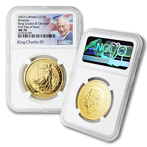 2023 1 oz British Gold Britannia Coin (King Charles III) MS-70 (First Day of Issue) by the Royal Mint 24K 100£ NGC MS70