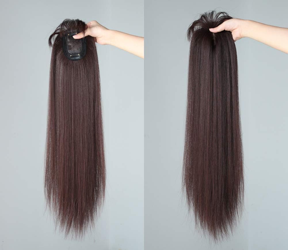 LEBIYOU Synthetic Hair Mono Hair Topper for Hair Loss Clip in Hair Top Piece with Air Bang (Texture Silky Straight, Dark Brown)