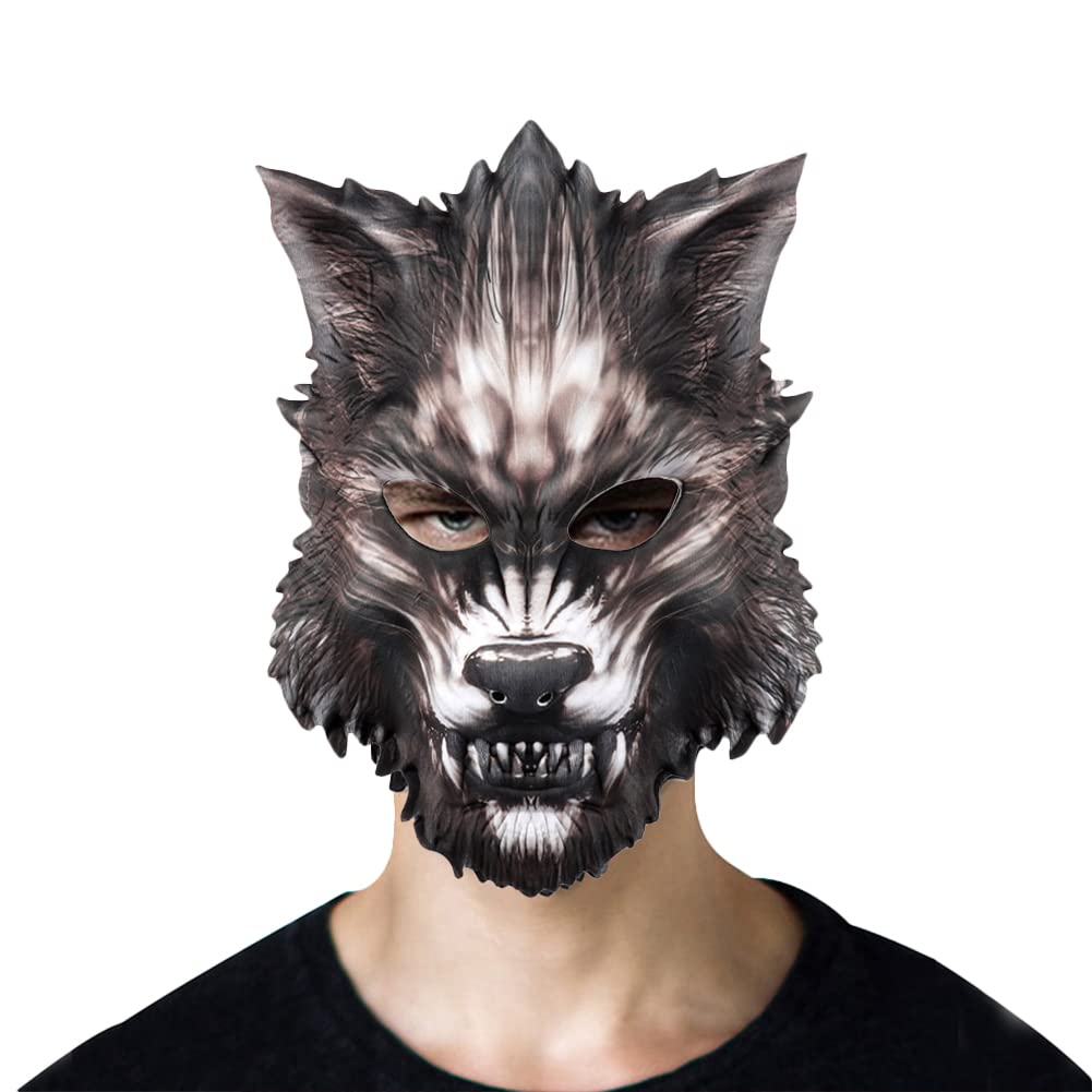 Halloween Horror Wolf Mask Cosplay Scary Full Face Mask for Men Boys Women Festival Fancy Dress Prank Trick Awful Adults Cosplay Props Toys Novelty Plastic Head Mask Headwear (Black)