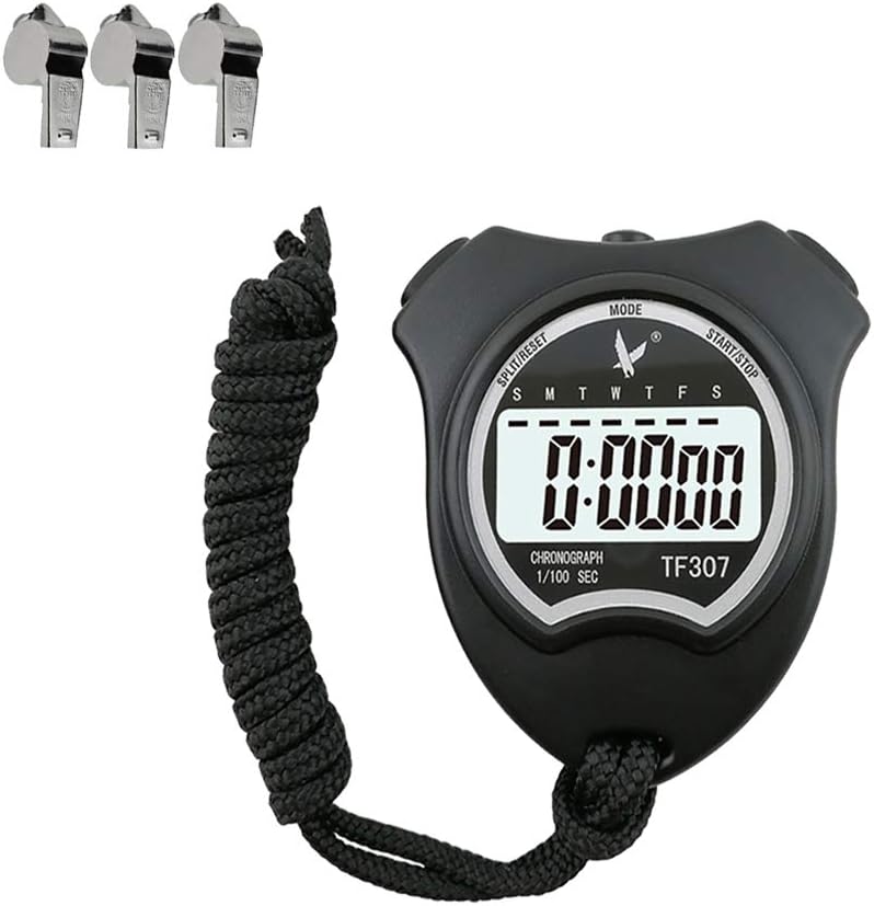 Zconmotarich TF307 Professional Sports Stopwatch Handheld Digital Counter Timer Chronograph + 3Pcs Referee Sports Whistle