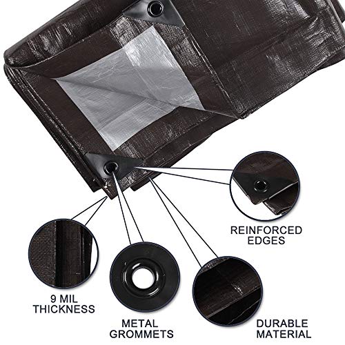 Waterproof Tarp Heavy Duty Hanjet 10 x 12 Feet 9 Mil Thick Material - Great for Tarpaulin Canopy Tent, Boat, RV or Pool, Motorcycle Cover Brown & Sliver